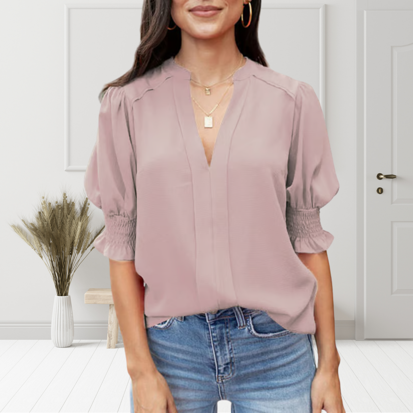 MAVENRO - Women's Solid Casual V Neck Puff Sleeve Shirts