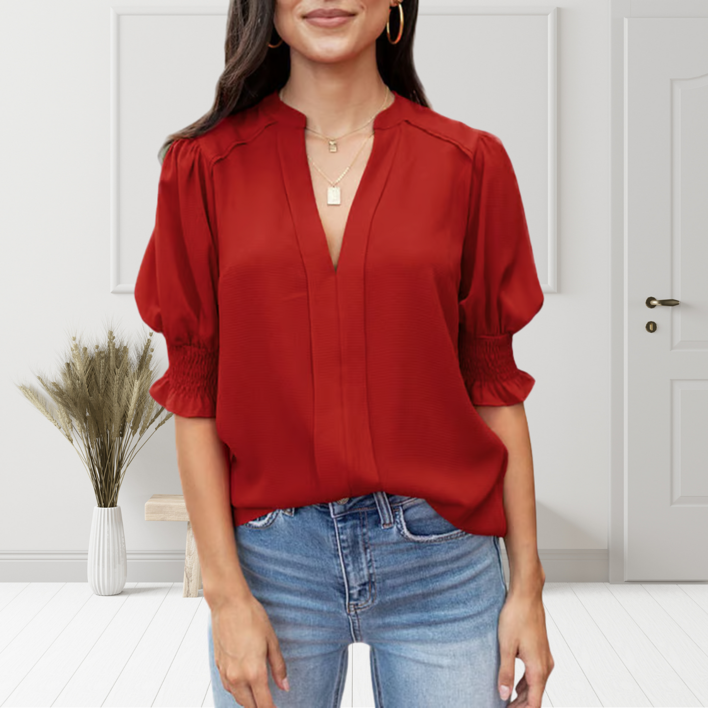 MAVENRO - Women's Solid Casual V Neck Puff Sleeve Shirts