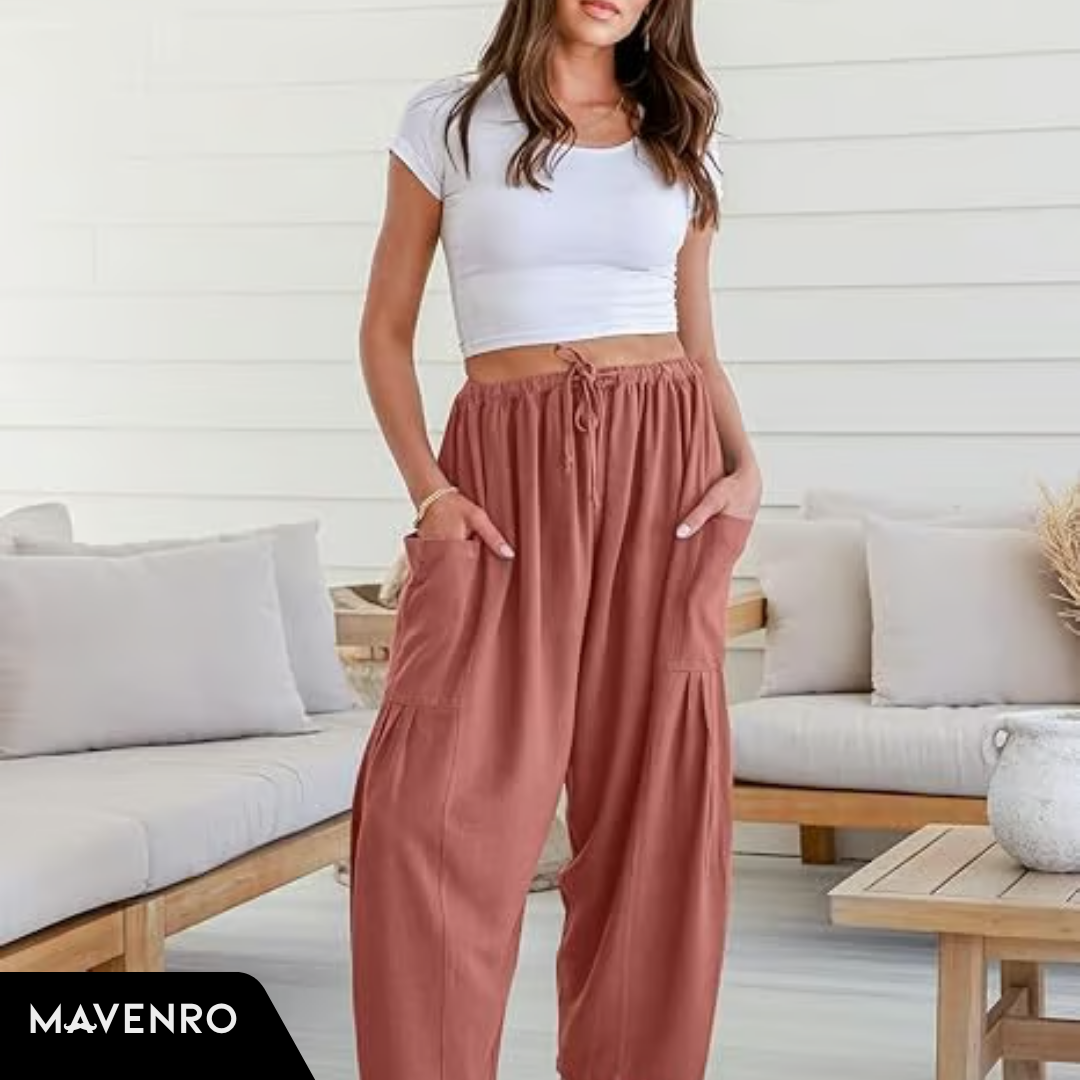 MAVENRO - Women's Linen Wide Leg Pants with Pockets