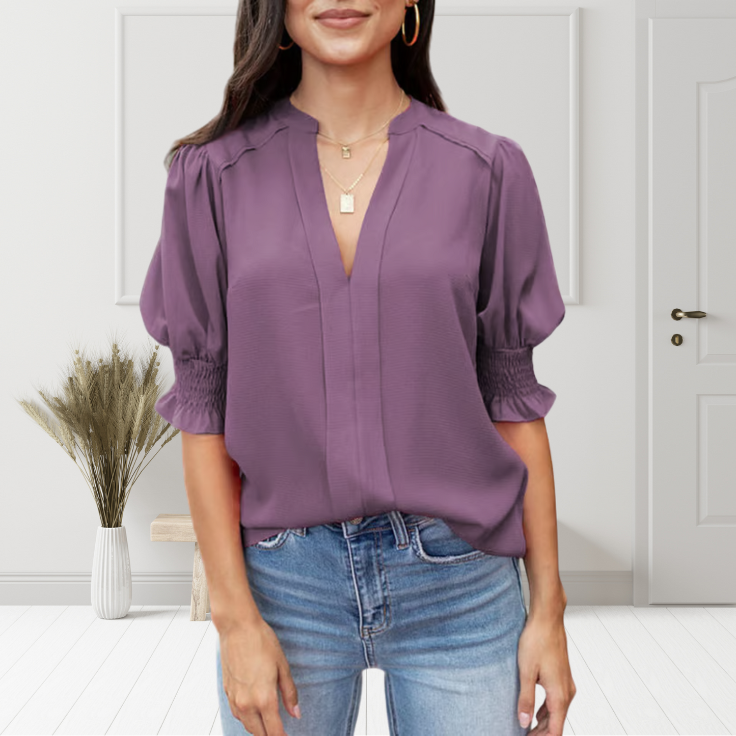 MAVENRO - Women's Solid Casual V Neck Puff Sleeve Shirts