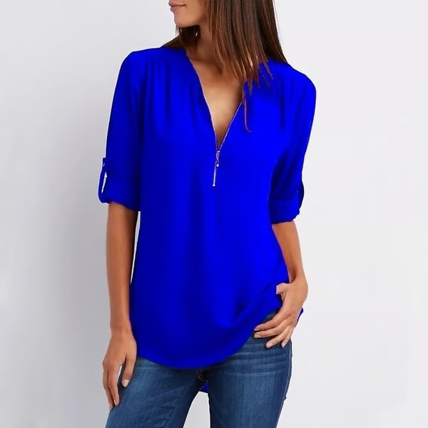 MAVENRO - Plus Size Loose 3/4 Sleeve Zipper Blouse