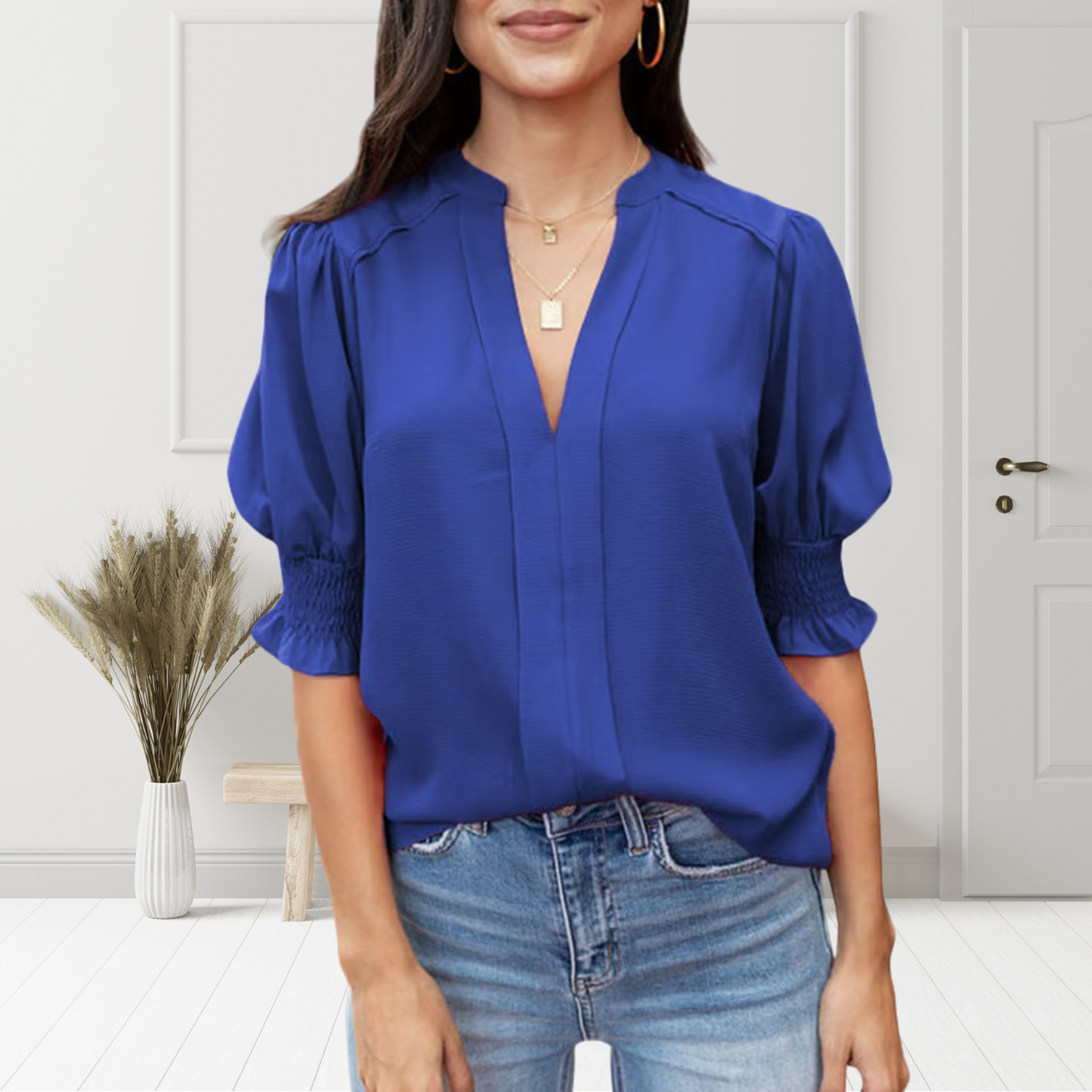 MAVENRO - Women's Solid Casual V Neck Puff Sleeve Shirts