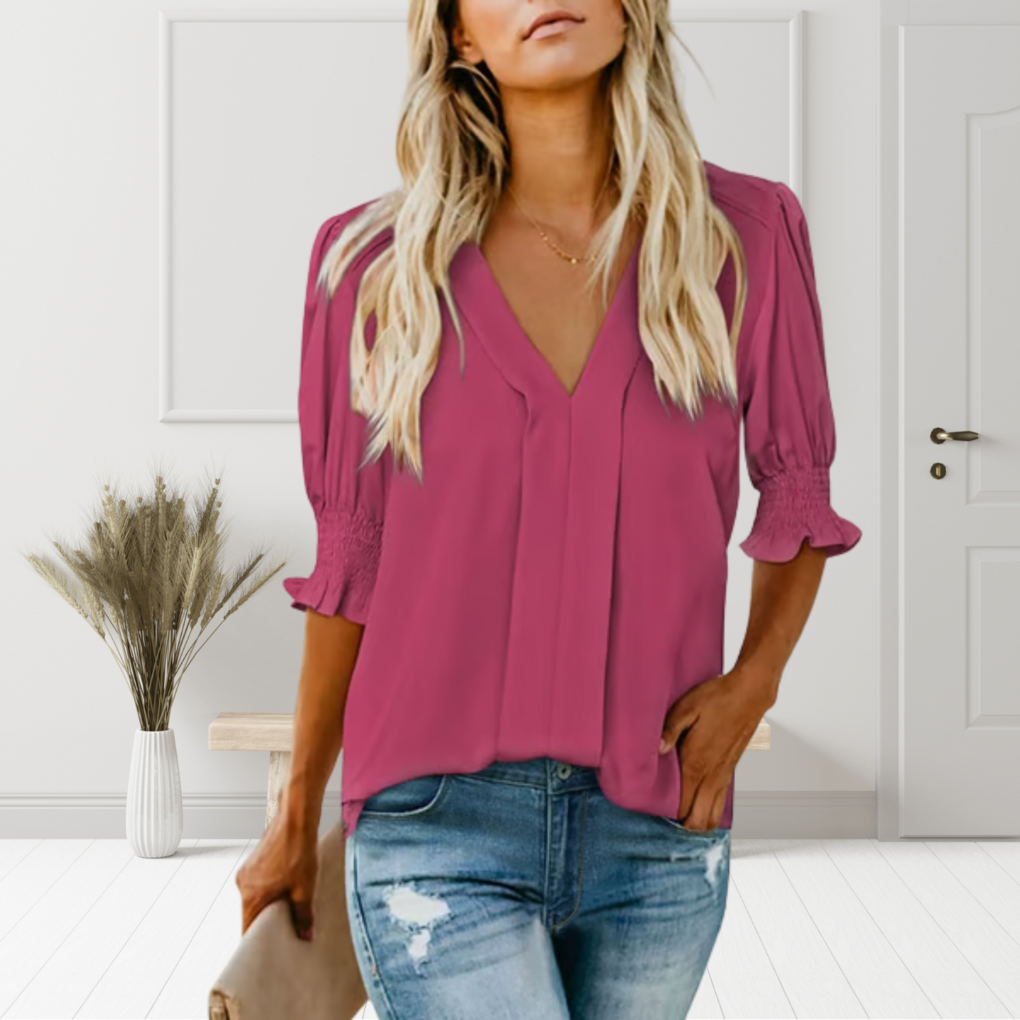 MAVENRO - Women's Solid Casual V Neck Puff Sleeve Shirts