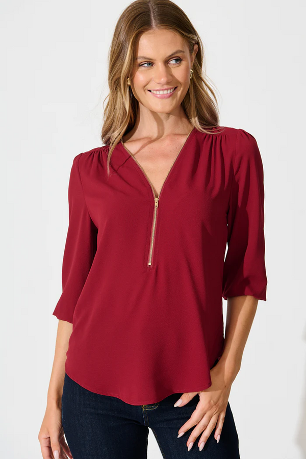 MAVENRO - Plus Size Loose 3/4 Sleeve Zipper Blouse