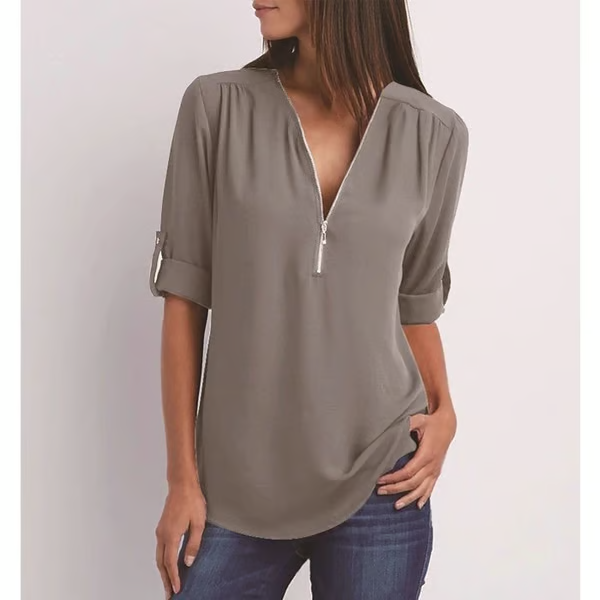 MAVENRO - Plus Size Loose 3/4 Sleeve Zipper Blouse