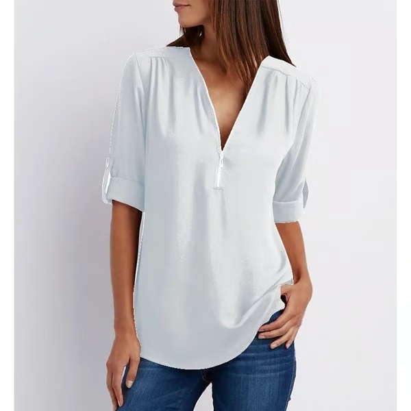 MAVENRO - Plus Size Loose 3/4 Sleeve Zipper Blouse