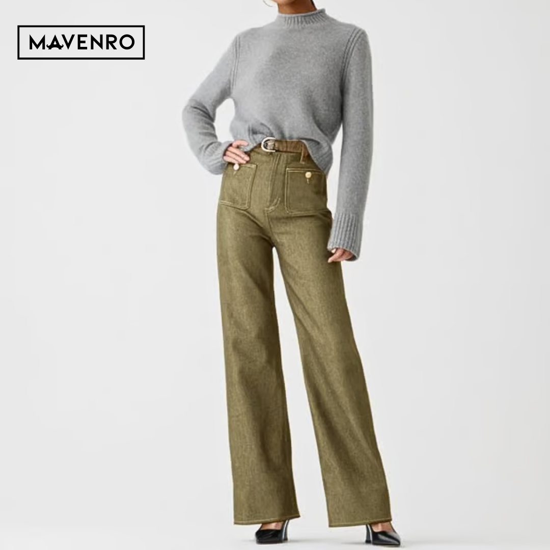 MAVENRO - High-Waisted Wide Leg Denim Pants