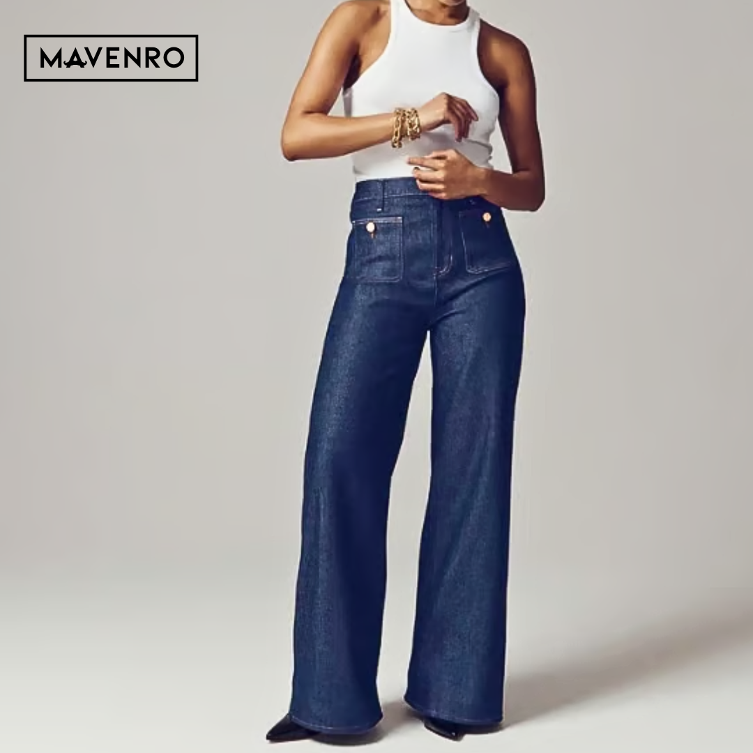 MAVENRO - High-Waisted Wide Leg Denim Pants