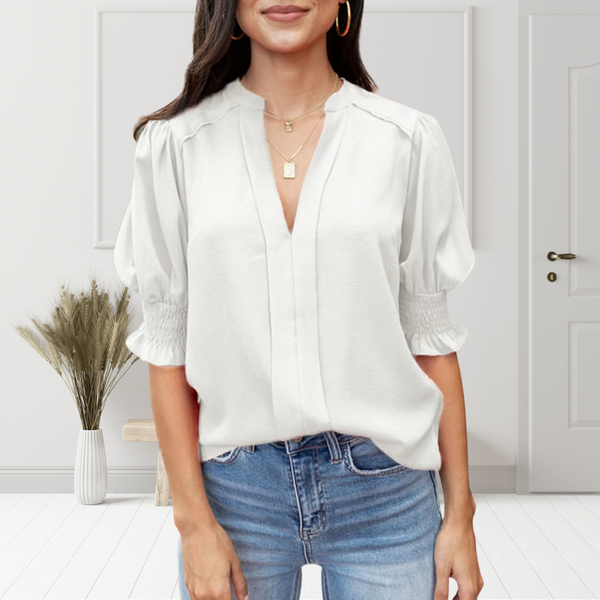 MAVENRO - Women's Solid Casual V Neck Puff Sleeve Shirts