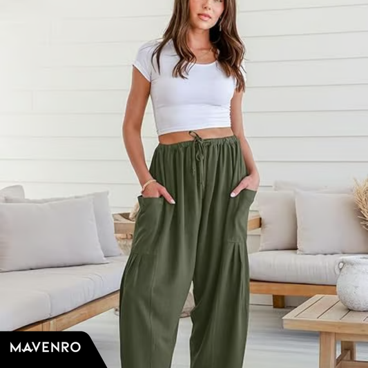 MAVENRO - Women's Linen Wide Leg Pants with Pockets