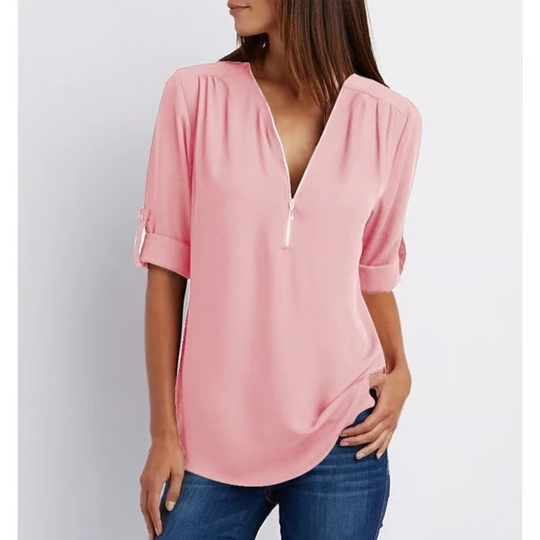 MAVENRO - Plus Size Loose 3/4 Sleeve Zipper Blouse