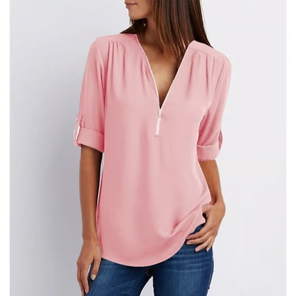 MAVENRO - Plus Size Loose 3/4 Sleeve Zipper Blouse