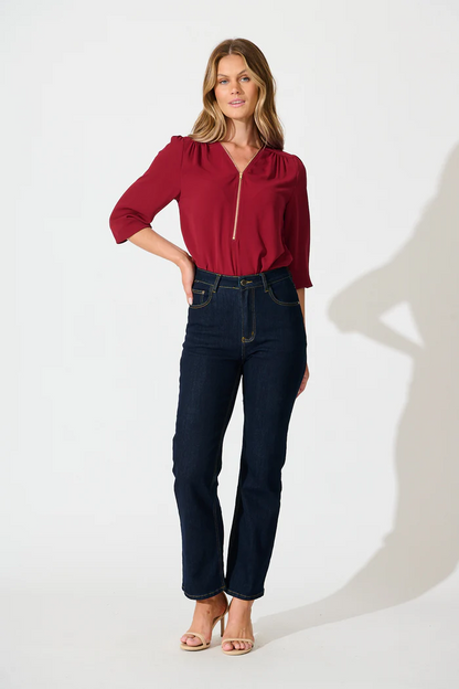 MAVENRO - Plus Size Loose 3/4 Sleeve Zipper Blouse