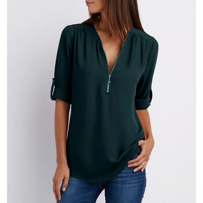 MAVENRO - Plus Size Loose 3/4 Sleeve Zipper Blouse