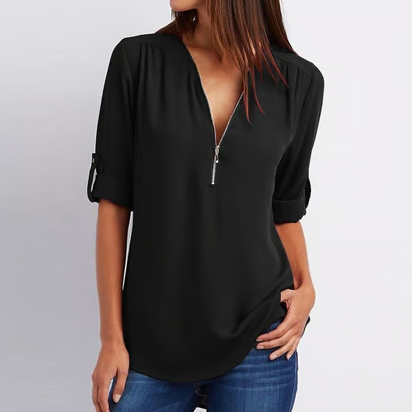 MAVENRO - Plus Size Loose 3/4 Sleeve Zipper Blouse