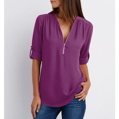 MAVENRO - Plus Size Loose 3/4 Sleeve Zipper Blouse