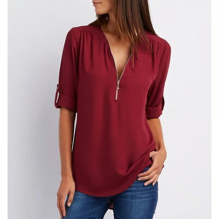 MAVENRO - Plus Size Loose 3/4 Sleeve Zipper Blouse