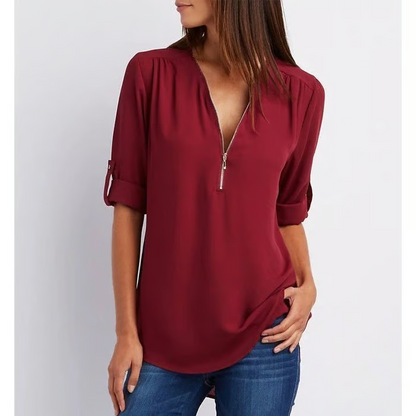 MAVENRO - Plus Size Loose 3/4 Sleeve Zipper Blouse