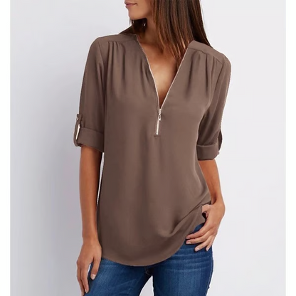 MAVENRO - Plus Size Loose 3/4 Sleeve Zipper Blouse