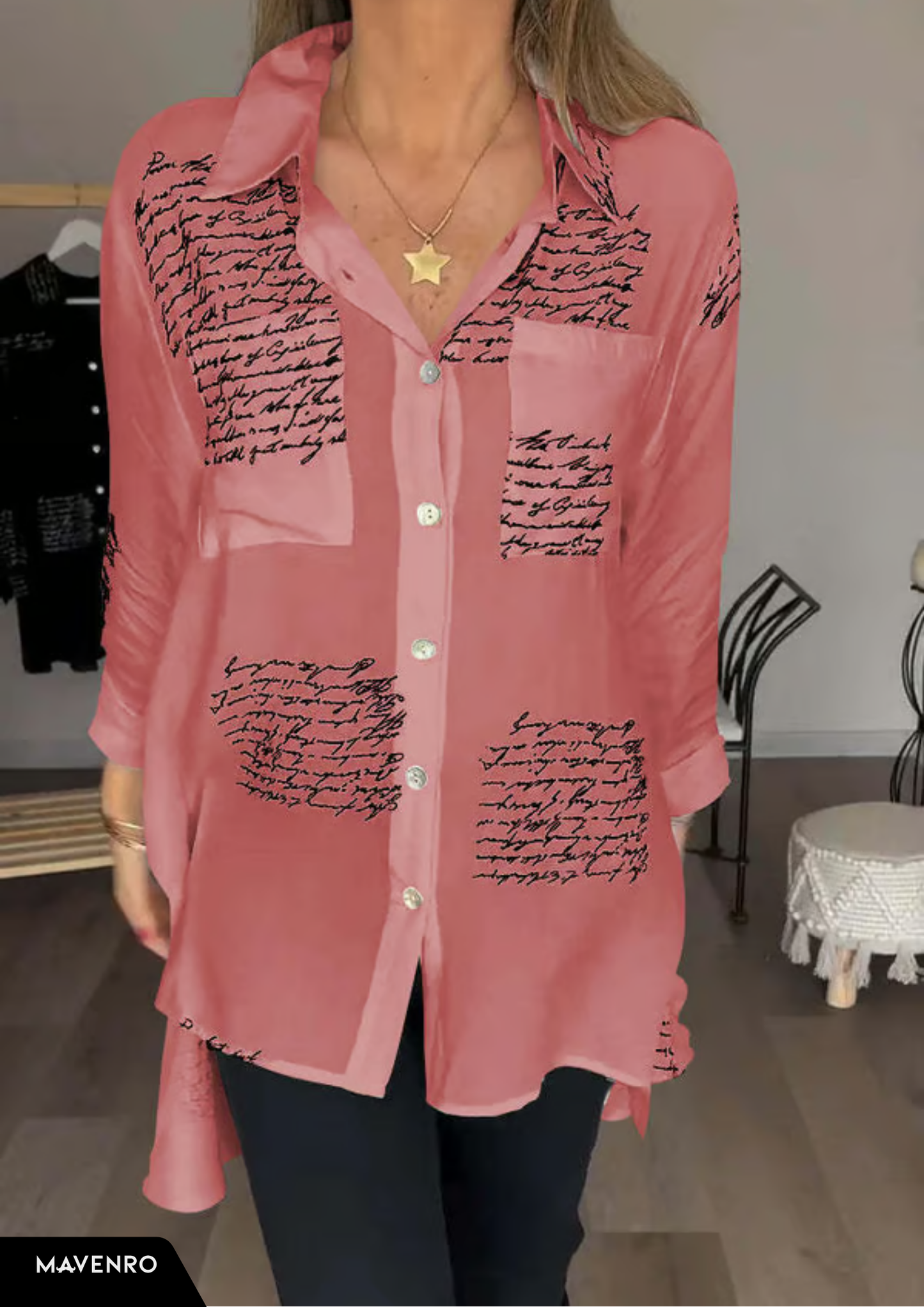 MAVENRO - Letter Print Fashion Lapel Shirt