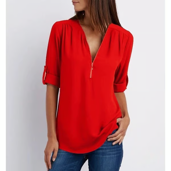 MAVENRO - Plus Size Loose 3/4 Sleeve Zipper Blouse