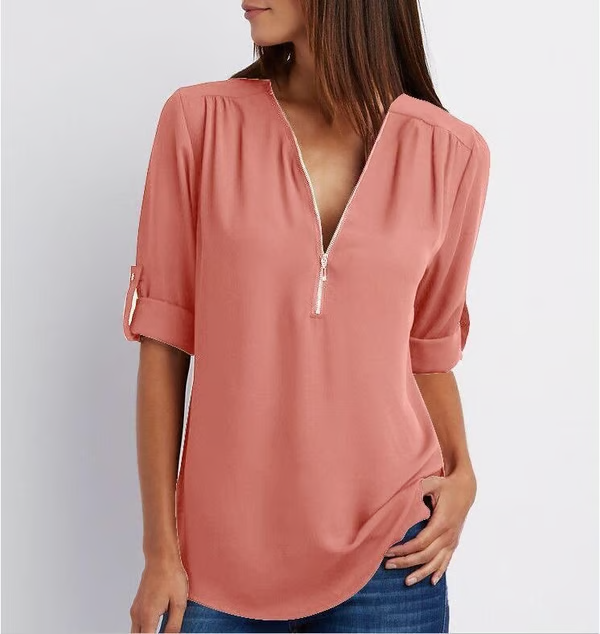 MAVENRO - Plus Size Loose 3/4 Sleeve Zipper Blouse