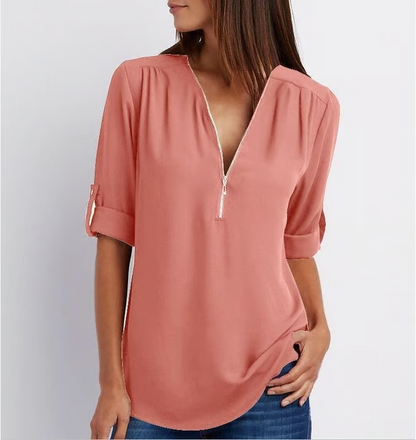 MAVENRO - Plus Size Loose 3/4 Sleeve Zipper Blouse
