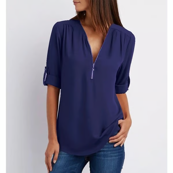 MAVENRO - Plus Size Loose 3/4 Sleeve Zipper Blouse