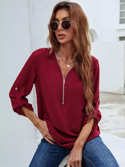 MAVENRO - Plus Size Loose 3/4 Sleeve Zipper Blouse